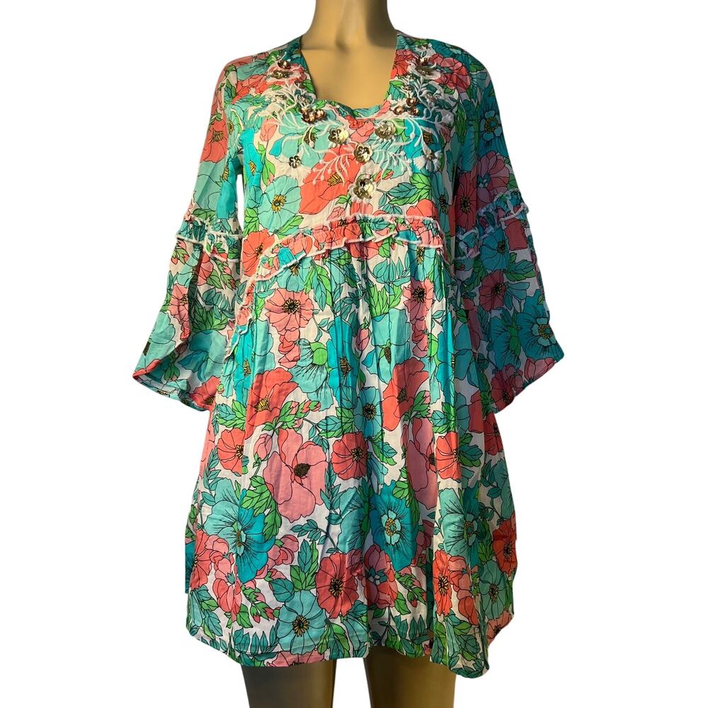 Boston Proper, Bouquet of Summer Embellished Peasant Dress Size XS